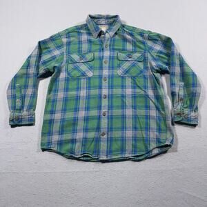 Duluth Trading Flannel Shirt Men L Heavyweight Button Up Green Blue Plaid Cotton